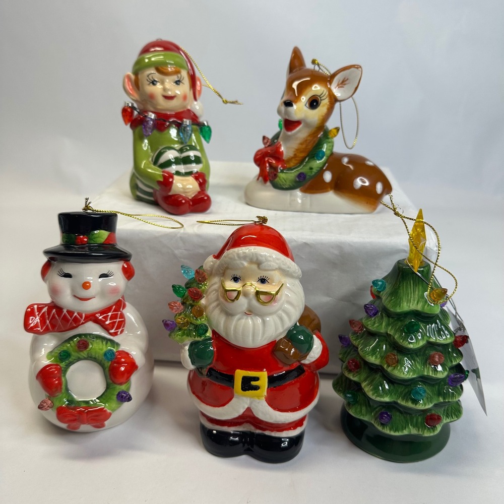 Mr Christmas Ceramic Lighted Ornament Set of 5 Santa Snowman Tree Working